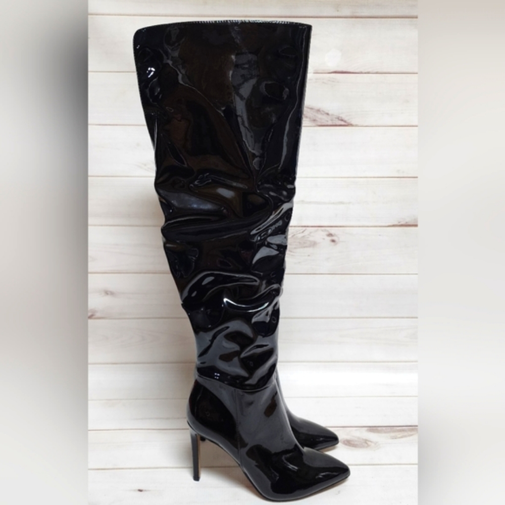 New INC Women's Iyonna Over-The-Knee Black Patent Slouch Boots Size 7 M